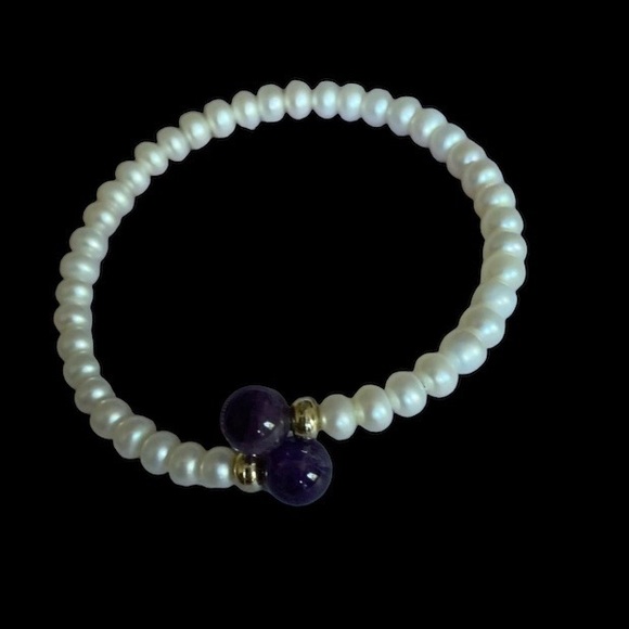 Amethyst Stone & Pearl Beaded Wrapped Wire Bracelet Woman’s Bracelet Jewelry - Picture 8 of 8